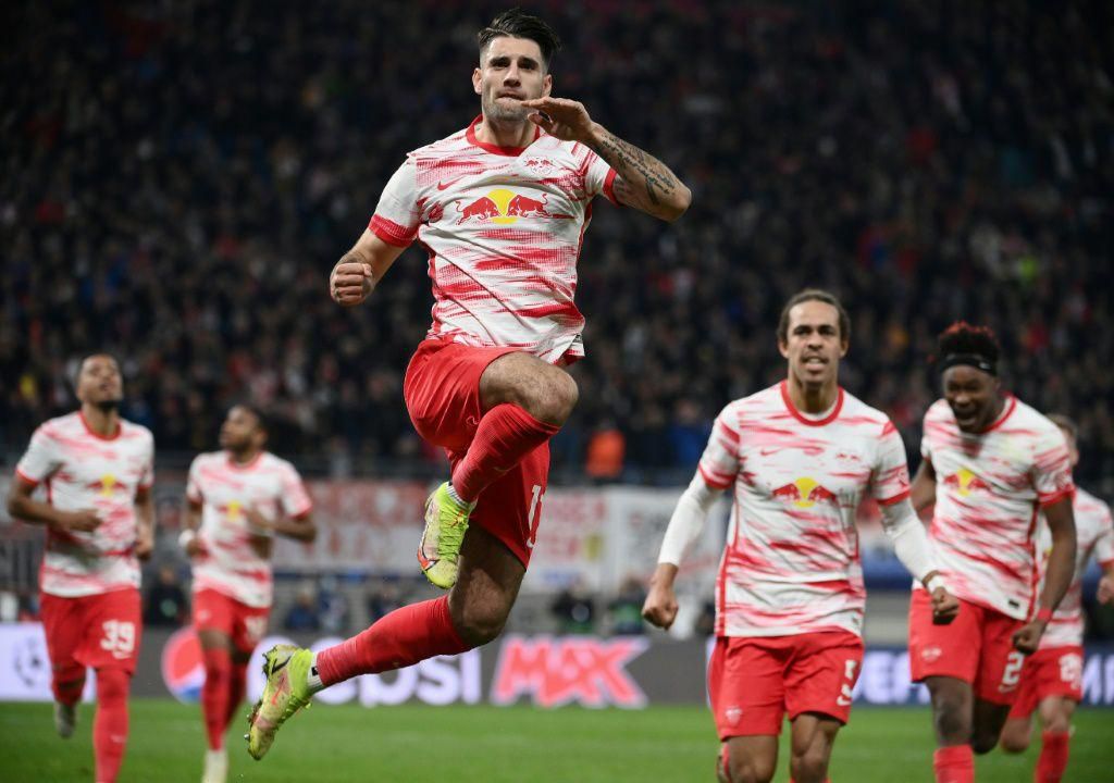 Dominik Szoboszlai celebrates his last-gasp equaliser for RB Leipzig in their 2-2 draw with PSG