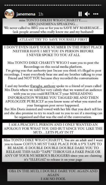 Janemena says she never begged Dikeh to save her marriage.