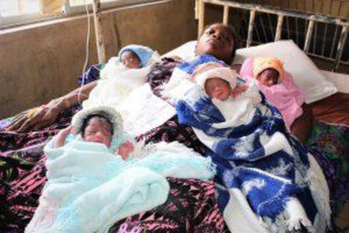 Mrs Mariam Akinkitan and her quadruplets at Ajara Medical Centre in Badagry, Lagos State on Tuesday.  [NAN]