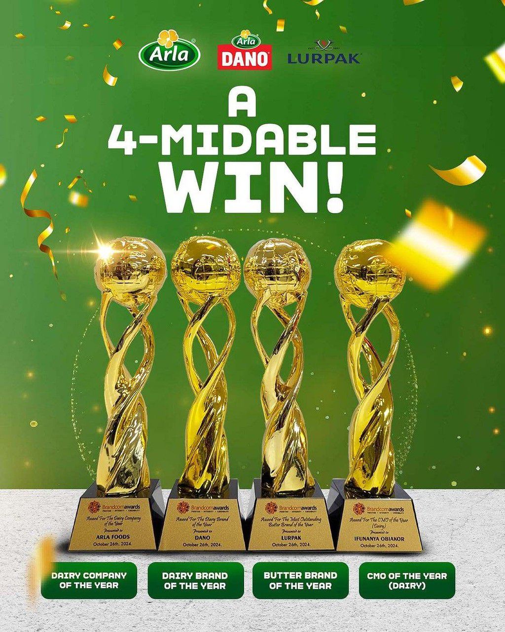 We are honored to receive four esteemed recognitions at the Brandcomm Awards 2024. We extend heartfelt gratitude to our diligent team and loyal customers, fuelling our success #Arla #ArlaNigeria