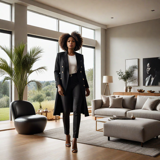 An Ai generated image of a black woman wearing modern fashionable clothes in a modern house( Source Hotpot.ai)