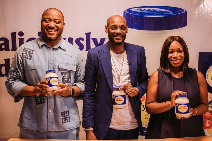 L-R: Managing Director, GBFoods, Vincent Egbe, Legendary Musician and BAMA Brand Ambassador, Innocent “2Baba” Idibia and Marketing Director, GBFoods Nigeria, Oreoluwa Atinmo