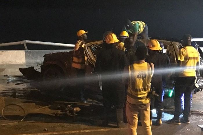 Men of the Lagos State Emergency Management Agency (LASEMA) Response Unit working on Third Mainland Bridge