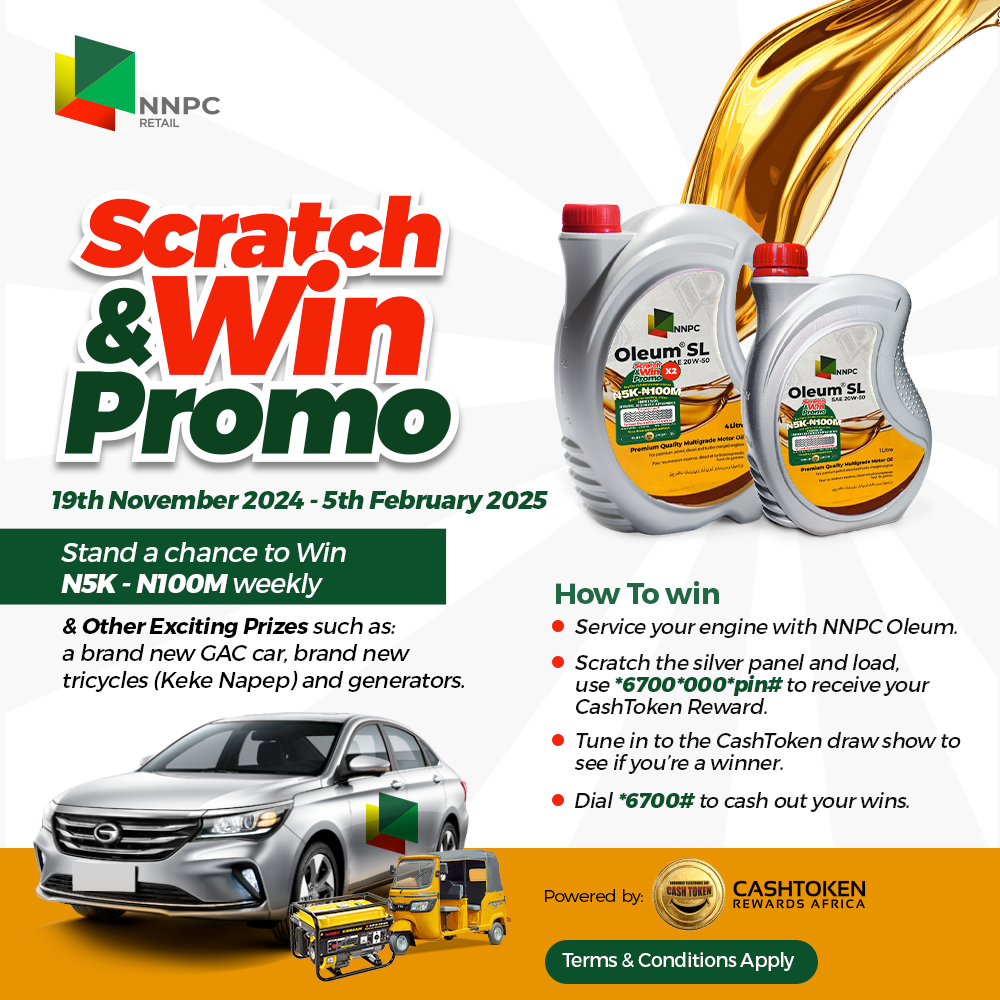 NNPC and CashToken rewards Africa bring you ultimate 'Oleum Scratch and Win Promo'!