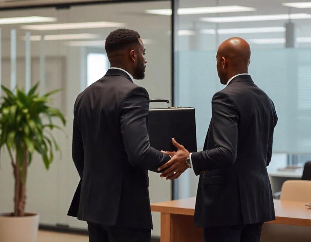 An AI generated image showing two black men exchanging a briefcase in an office