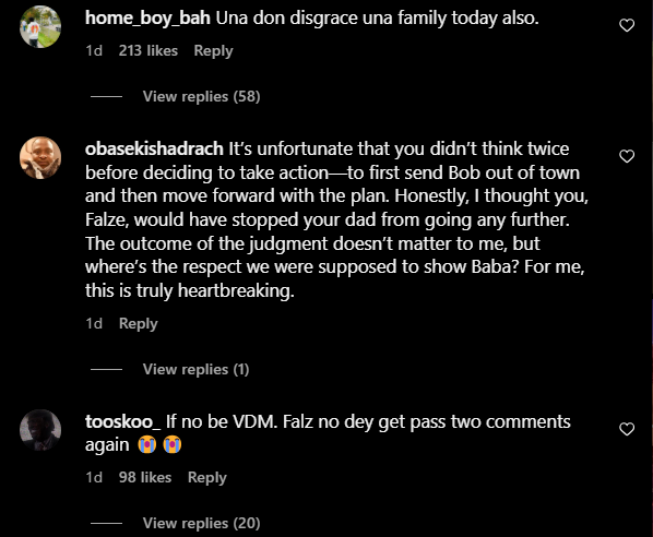 Exhibit A of Falz' comment section on Instagram on November 13, 2024