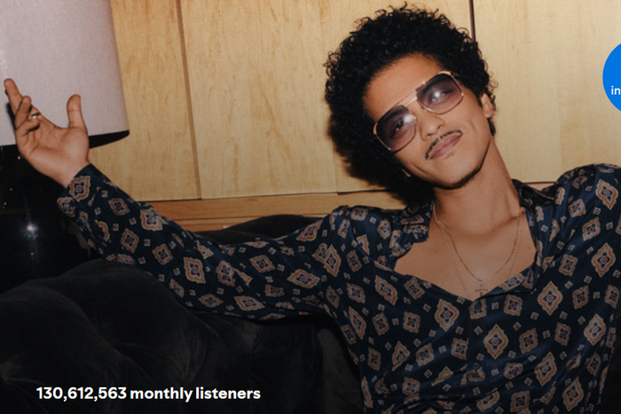 Bruno Mars breaks all-time Spotify monthly listener record for the second time