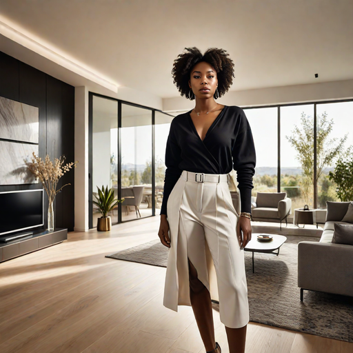 An Ai generated image of a black woman wearing modern fashionable clothes in a modern house( Source Hotpot.ai)