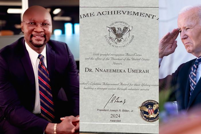 President Joe Biden awarded a Lifetime Achievement Award to Dr. Nnaemeka Umerah, a Nigerian-born American Professor of Medicine, recognising his 5,400 hours of voluntary service to the nation and humanity. [Getty Images/Facebook]