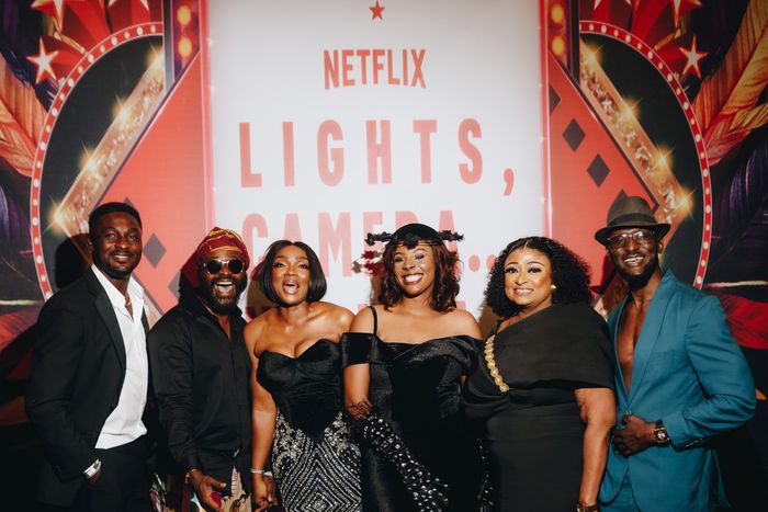 L-R Adeniyi Johnson, Femi Adebayo, Chioma Chukwuka, Aishat Lawal, Ronke Oshodi-Oke, Funky Mallam [Netflix]