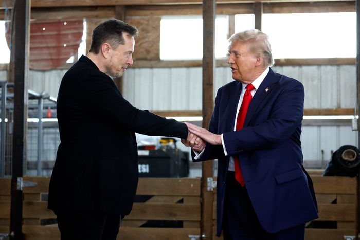 L-R: Elon Musk shakes hands with US President-elect Donald Trump back stage during a campaign rally at the Butler Farm Show grounds on October 05, 2024 in Butler, Pennsylvania. [Getty Images]
