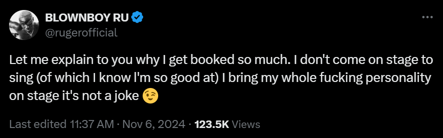 Ruger boasts on his stagemanship