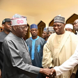 L-R: President Bola Tinubu shook hands with the new NURTW national chairman, Musiliu Akinsanya, popularly known as MC Oluomo. [X, formerly Twitter]