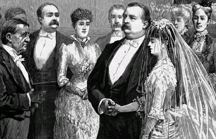 An illustration of former U.S. President Grover Cleveland and Frances Folsom's wedding in 1886