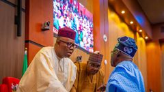President Bola Tinubu and Senate President, Godswill Akpabio on the floor of the National Assembly.