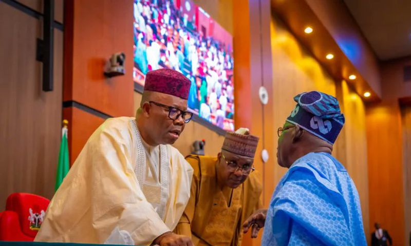 President Bola Tinubu and Senate President, Godswill Akpabio on the floor of the National Assembly.