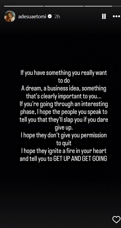 Actress Adesua Etomi shares words of encouragement to followers