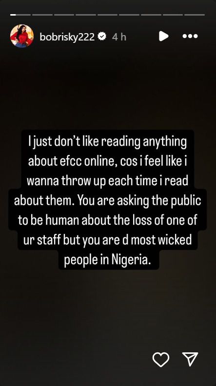 'Most wicked people in Nigeria' - Bobrisky reacts to EFCC officer's death