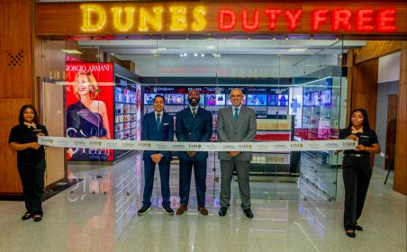 L-R : Johnny Lakhwani. Commercial director Inter African Marketing (IAM), Patrick Richmond Utomoibor; L’Oreal Travel Retail Area Manager for Africa, Milad Zeitoun Director of operations Dunes Duty Free.