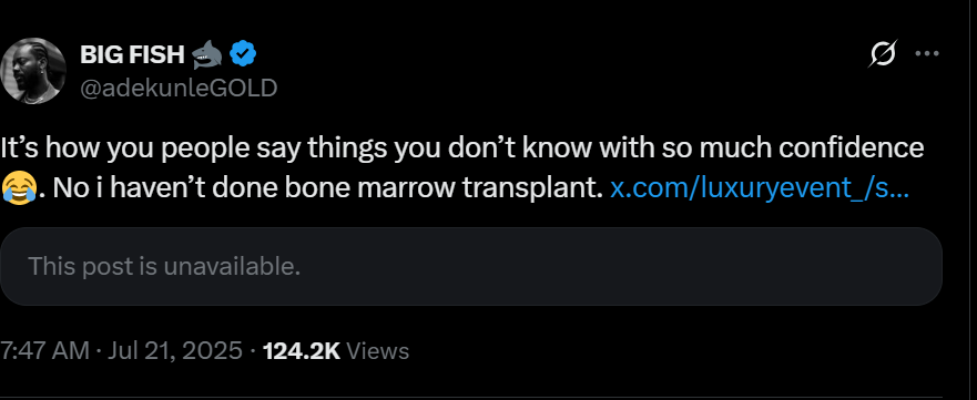 Adekunle Gold reacts to claims that he underwent bone marrow transplant