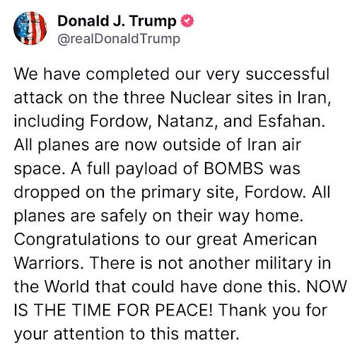'Very succesfull' - Trump confirms US bombed Iran’s nuclear sites