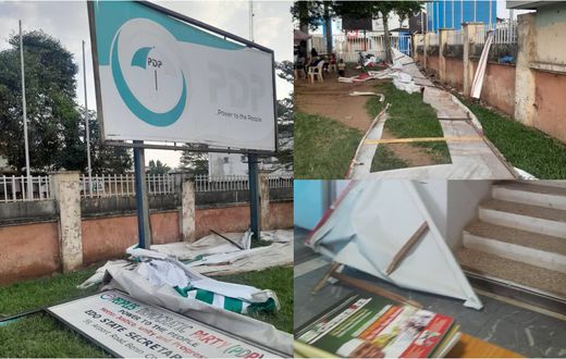 Images of the PDP secretariat in Benin attacked by suspected thugs. [Facebook]