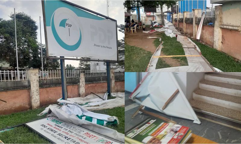 Images of the PDP secretariat in Benin attacked by suspected thugs. [Facebook]