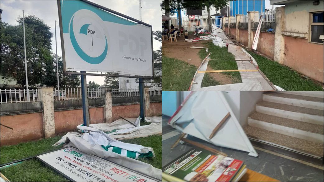Images of the PDP secretariat in Benin attacked by suspected thugs. [Facebook]