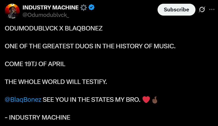 OdumoduBlvck describes he and Blaqbonez as one of the greatest duos in Nigerian music