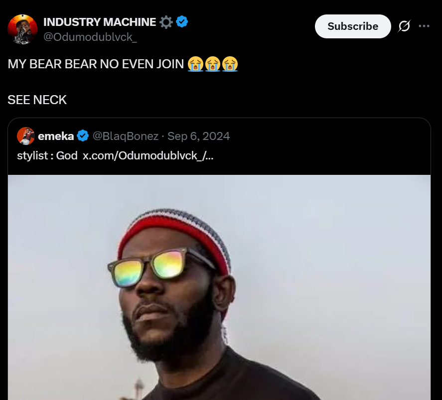 A screenshot of OdumoduBlvck and Blaqbonez bantering on X