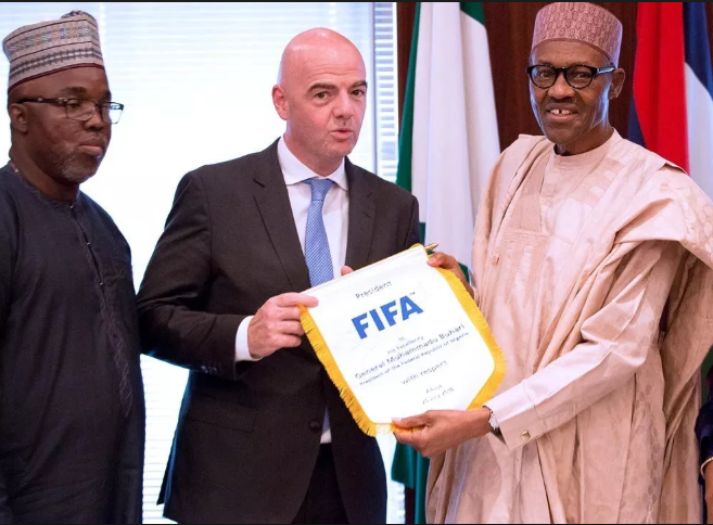 President Muhammadu Buhari, Amaju Pinnick and Gianni Infantino