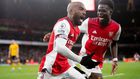 Alexandre Lacazette celebrates the stoppage time winner over Wolves