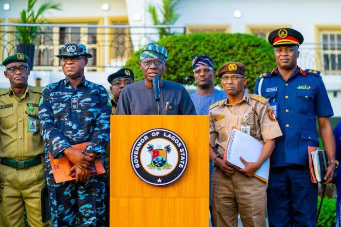 Gov. Babajide Sanwo-Olu of Lagos State briefing the press after a meeting with members of the State Security Council, at the Government House in Marina, on Friday, Aug. 5, 2022. With him are heads of security agencies in the state and some state offici...