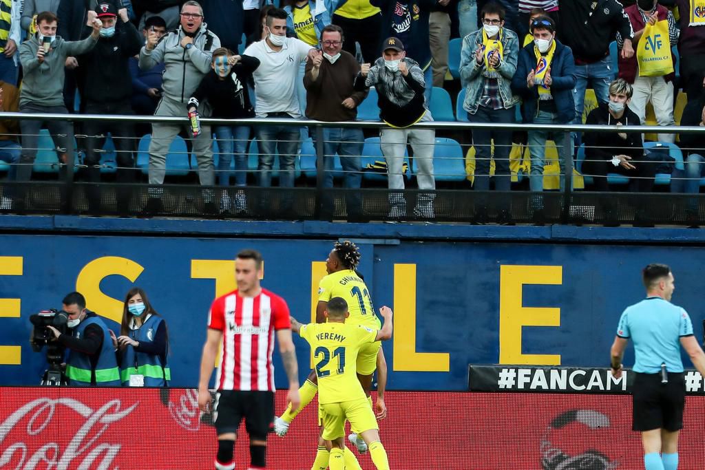 Chukwueze and Yeremy Pino celebrating with Pedraza