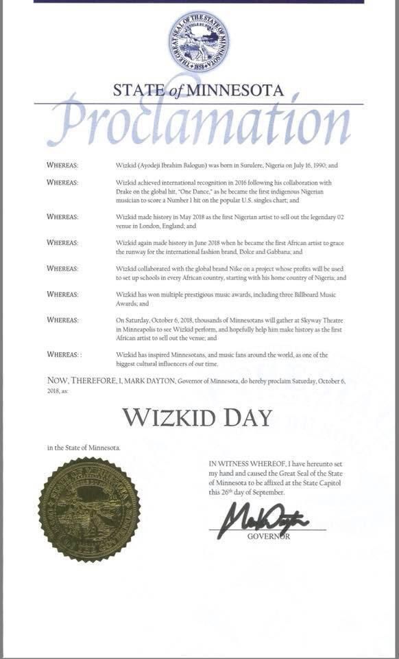 Wizkid Day Proclaimation document