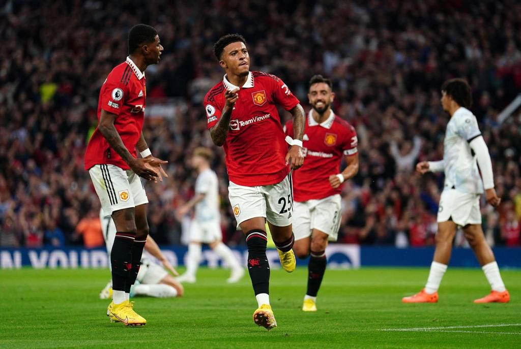 Jason Sancho celebrates after scoring the opener I. Manchester United’s win over Liverpool