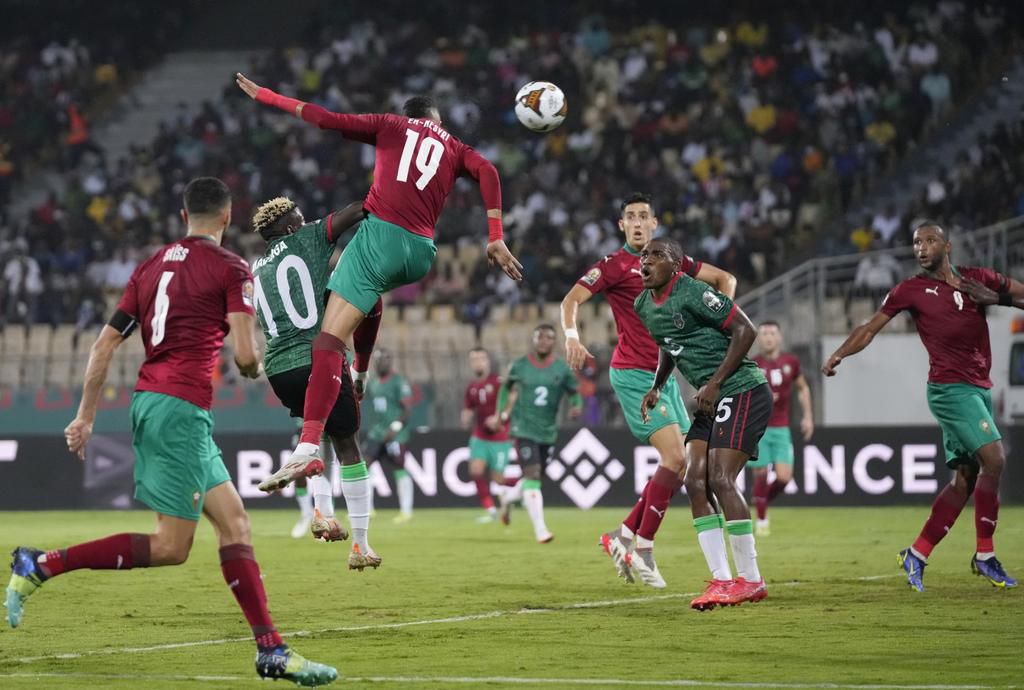 Nseyri scores the equaliser for Morocco just before the break.