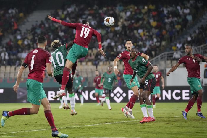 Nseyri scores the equaliser for Morocco just before the break.