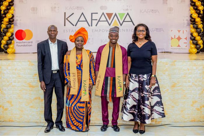 From L-R: Jerry Tagang, Director, Directorate of Leather Training and Production Technology, Nigerian Institute of Leather Science and Technology (NILEST); Sefiyat Ismaila, Kafawa Handbags Manufacturing Trainee; Ridwan Ige, Kafawa Footwear Construction...