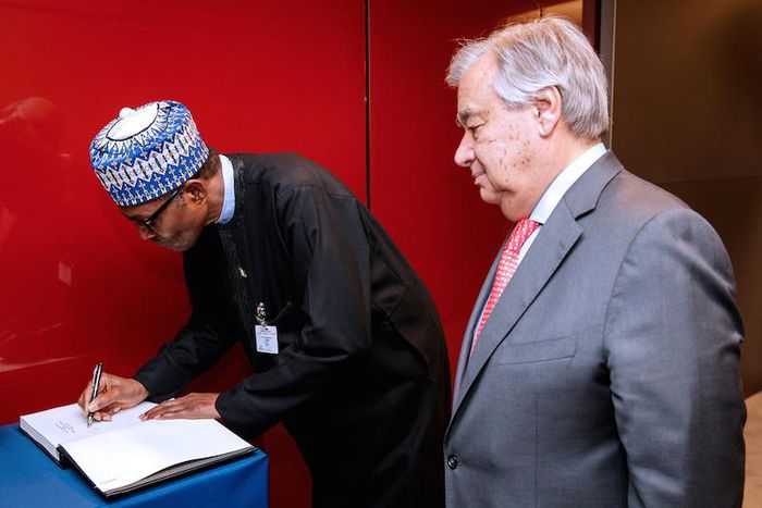 President Muhammadu Buhari with Antonio Guterres [Bayo Omoboriowo]
