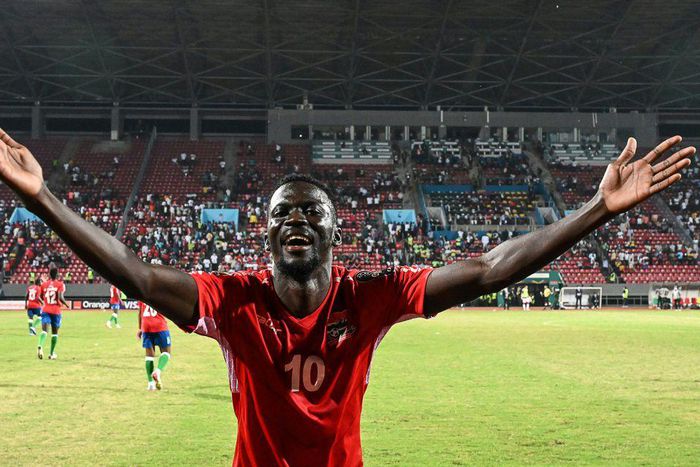 Gambia star Musa Barrow celebrates a victory over Tunisia on Thursday in an Africa Cup of Nations Group F match in Limbe.