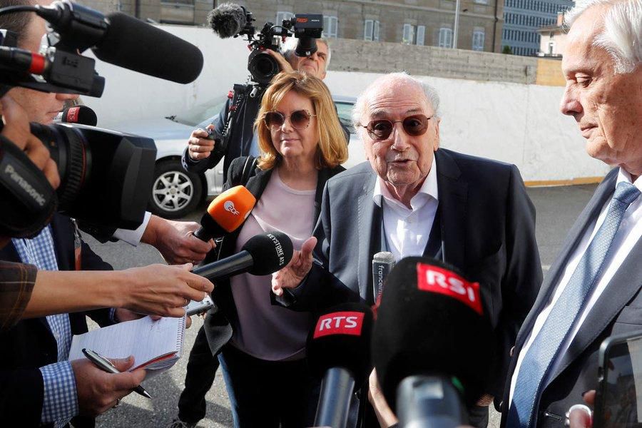Sepp Blatter arriving at the court with his daughter on Wednesday