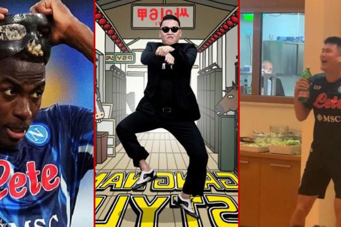 Victor Osimhen watches on as Kim Min-Jae performed Gangnam Style at Napoli initiation