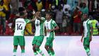 Sadiq Umar celebrates with Super Eagles teammates after scoring Nigeria's opener against Guinea-Bissau