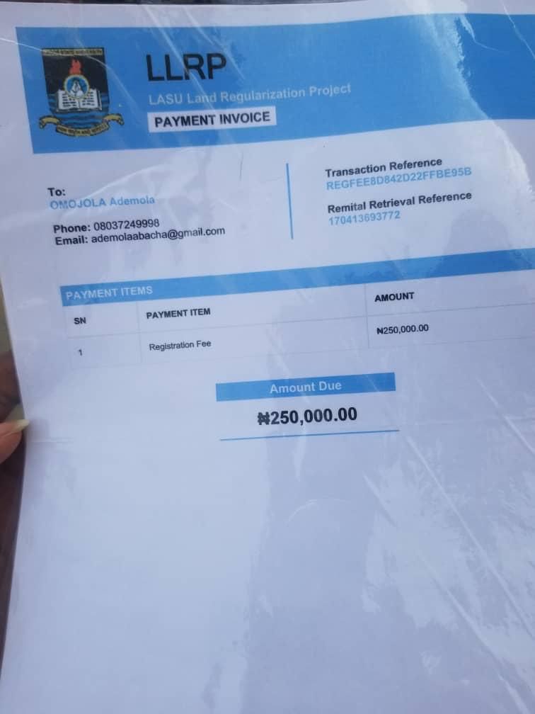 Mr Omojola's evidence of payment of N250,000 regularization fee. (Pulse )