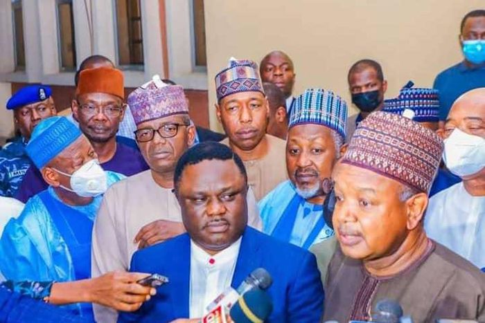 Kebbi state Governor and Progressive governors Chairman, Atiku Bagudu addressing the press after a meeting in Abuja. [Twitter/@HuduMatawalle]
