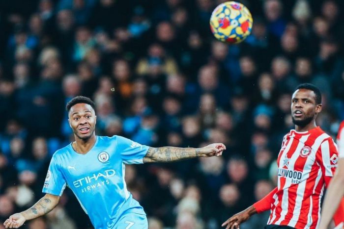 Frank Onyeka watches an Raheem Sterling attempt.