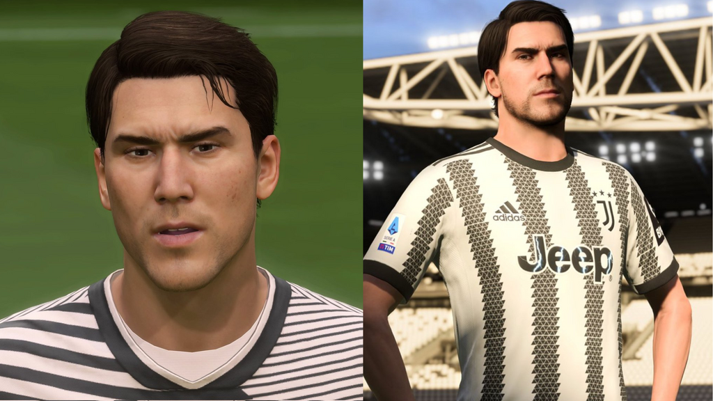 Juventus striker Dusan Vlahovic with Piemonte Calcio in FIFA 22 (Left) and Vlahovic with Juventus in FIFA 23