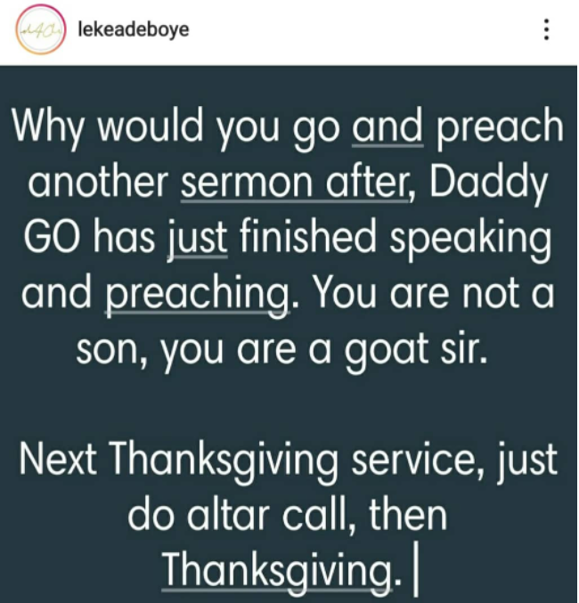 'You're a goat' - Adeboye's son blasts RCCG pastors for defying his father.