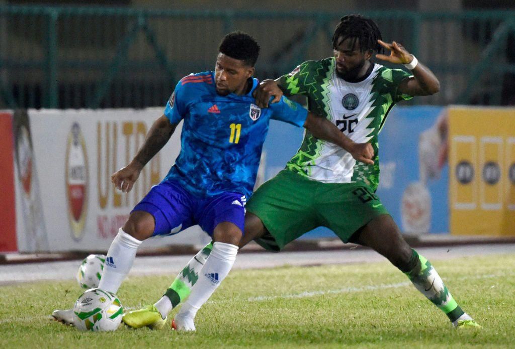 Cape Verde forward Vagner Dias (L) shields the ball from Nigeria defender Chidozie Awaziem (R) during a 2022 World Cup qualifier in Lagos on Tuesday